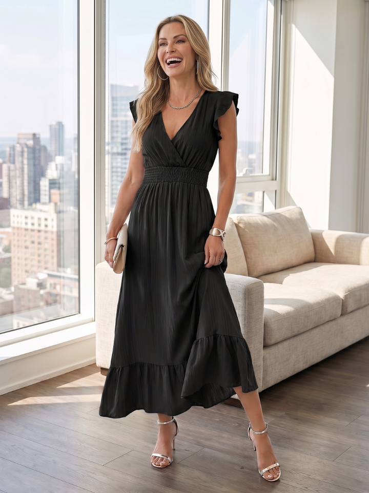 Clover | Ruffle Sleeve Smocked Waist Midi Dress in Blue, Green, Black and Sage