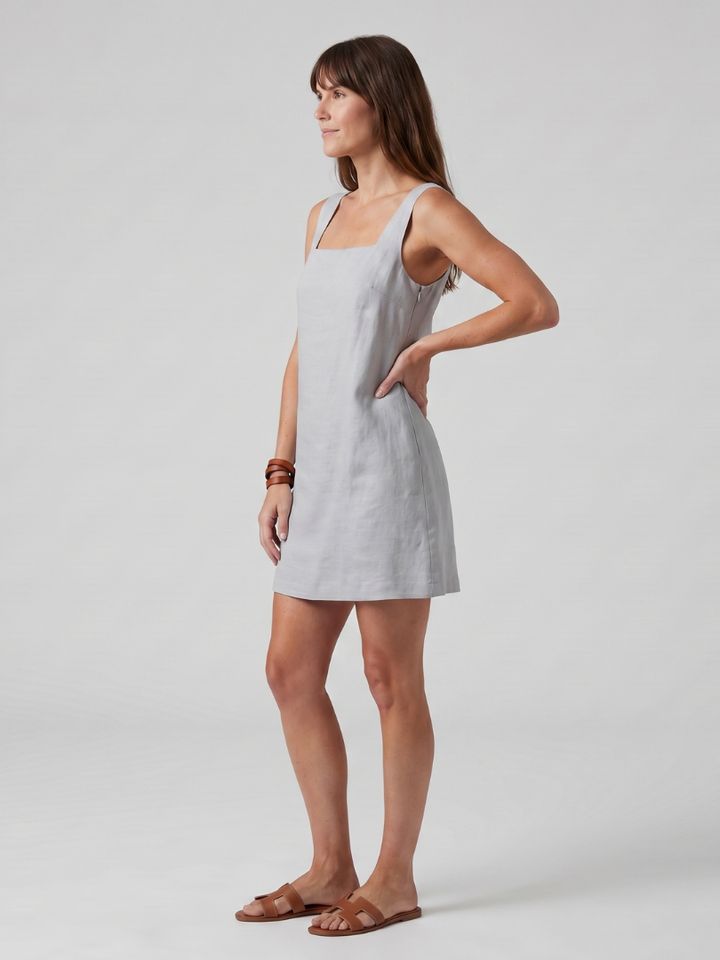 Adeline | Square Neck Sleeveless Mini Dress in White, Brown, Yellow & Grey