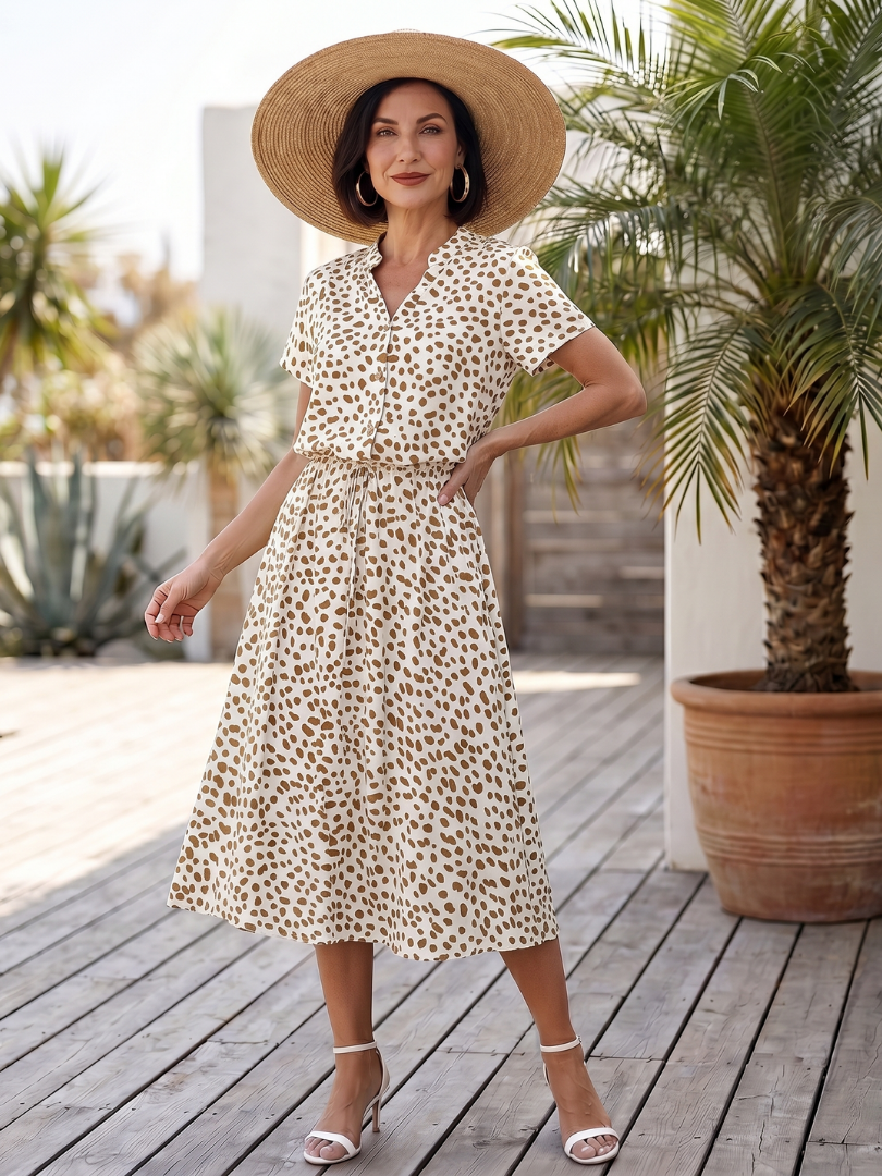 Blythe | Printed Button-Front Belted Midi Dress in Green, Red & White