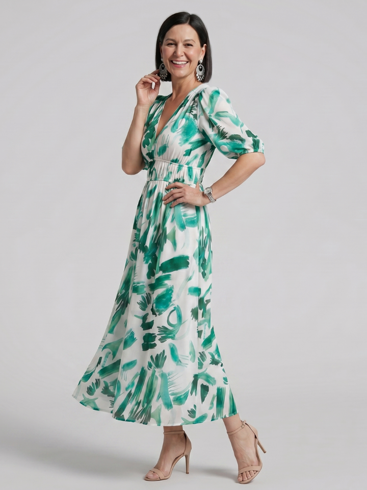 Fenella | Puff Sleeve V-Neck Abstract Print Midi Dress