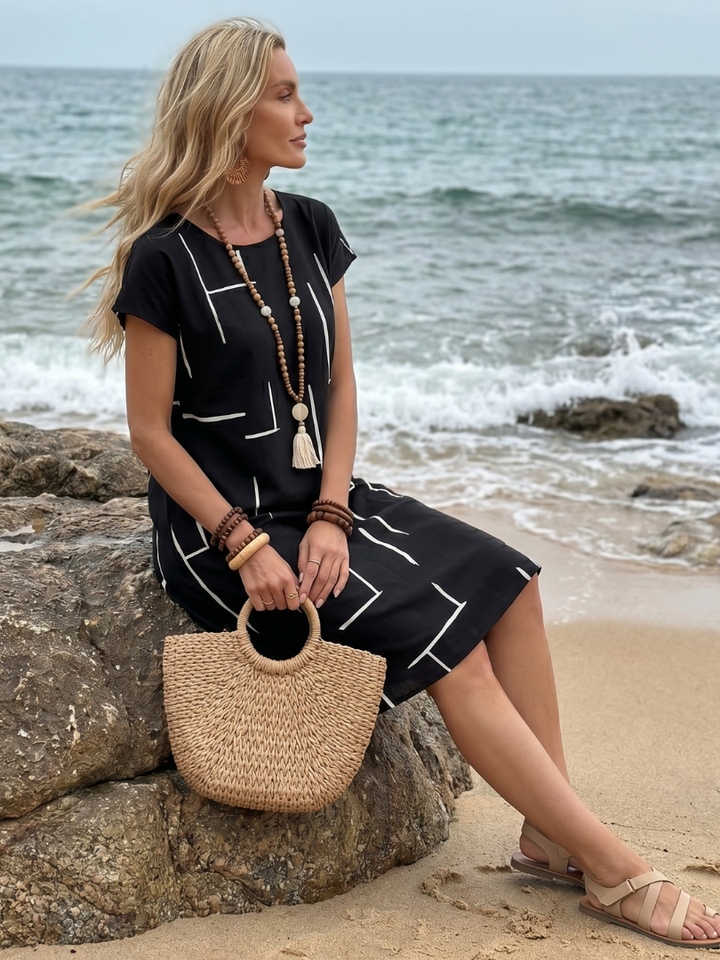 Georgina | Short Sleeve Abstract Print Relaxed Knee Length Dress in Beige