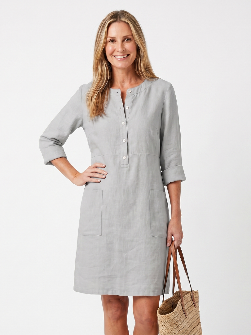 Harriet | Button-Front Knee-Length Dress with Three-Quarter Sleeves in Beige, Black, Orange & Grey