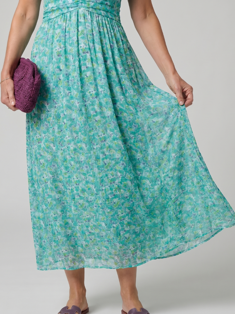 Cecily | Short Sleeve Ditsy Floral Midi Dress with Gathered Waist