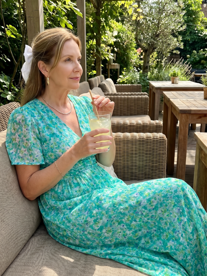 Cecily | Short Sleeve Ditsy Floral Midi Dress with Gathered Waist