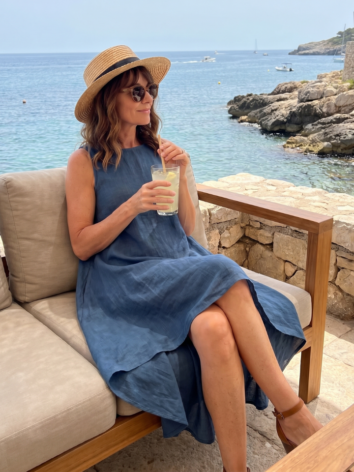 Grier | Flowing High-Low Sleeveless Midi Dress with Round Neckline