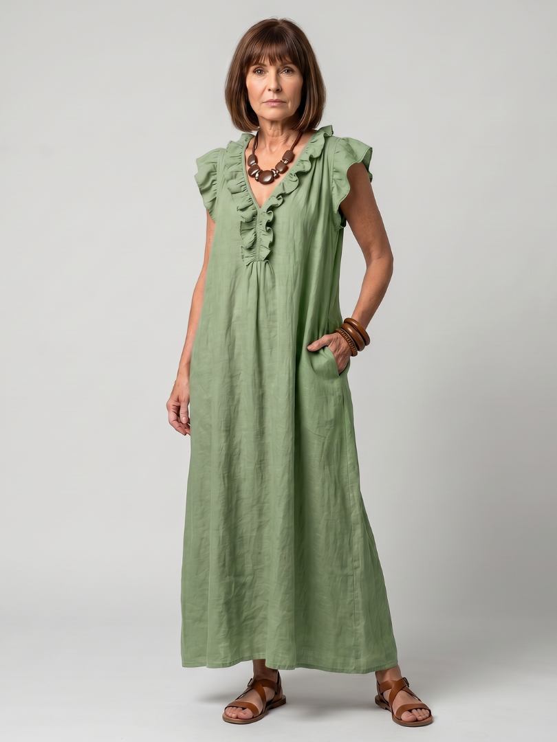 Fern | Sleeveless Ruffle Trim Relaxed Midi Dress
