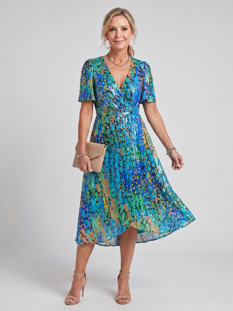 Mirabel | Flutter Sleeve Gathered Waist Floral Print Midi Dress in Dark Green