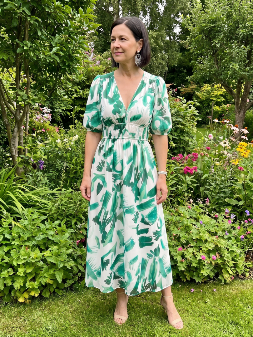 Fenella | Puff Sleeve V-Neck Abstract Print Midi Dress