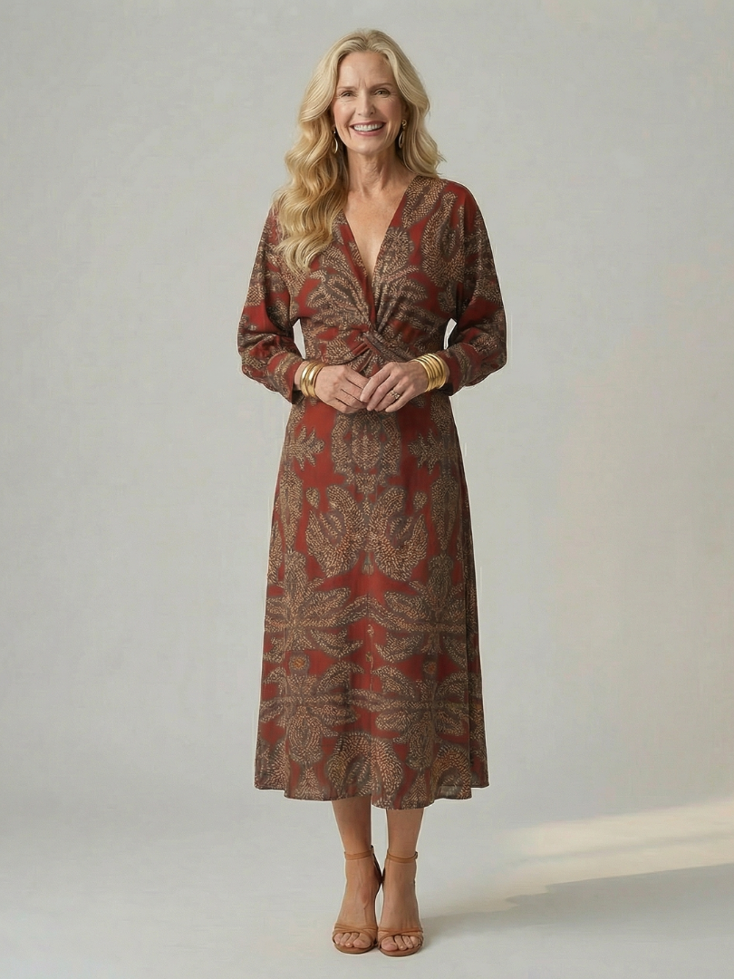Romilly | Long Sleeve Wrap Midi Dress in Dark Green, Blue, Brown and Red