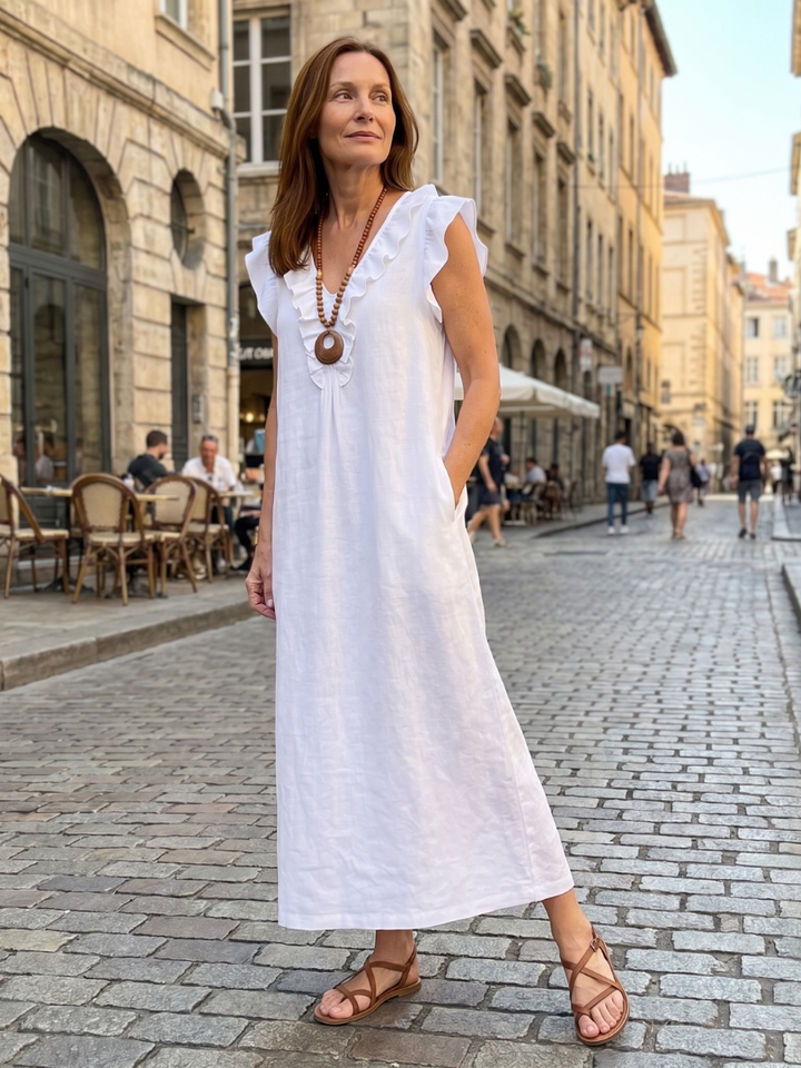 Anneliese | Ruffle Trim V-Neck Sleeveless Relaxed Midi Dress