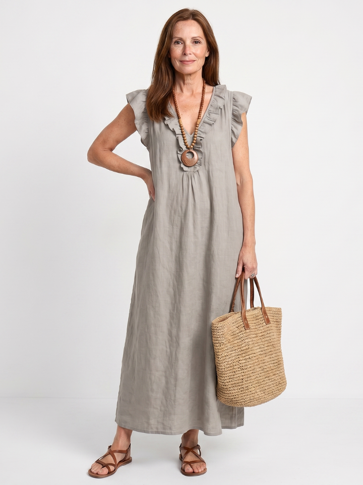Anneliese | Ruffle Trim V-Neck Sleeveless Relaxed Midi Dress