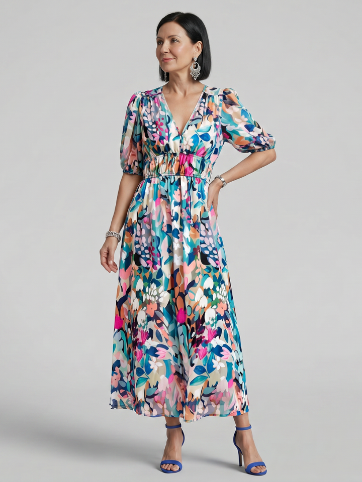 Fenella | Puff Sleeve V-Neck Abstract Print Midi Dress