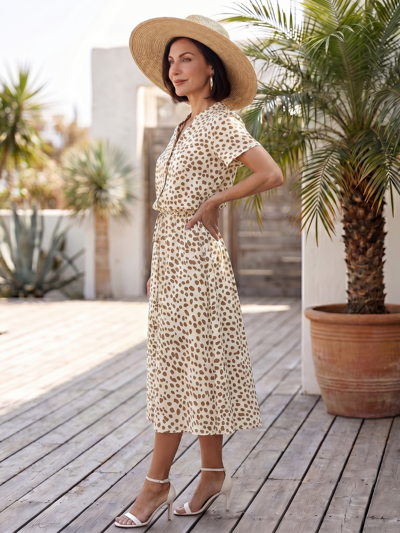 Blythe | Printed Button-Front Belted Midi Dress in Green, Red & White