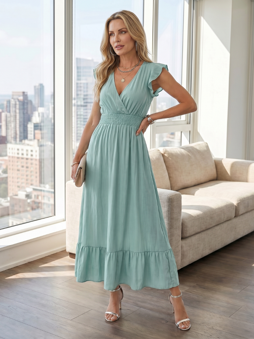 Clover | Ruffle Sleeve Smocked Waist Midi Dress in Blue, Green, Black and Sage