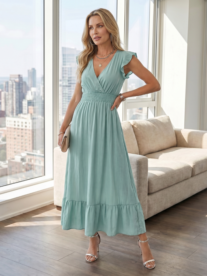 Clover | Ruffle Sleeve Smocked Waist Midi Dress in Blue, Green, Black and Sage
