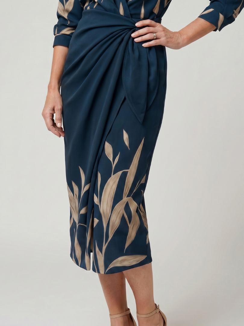 Imogen | Long Sleeve Collared Wrap Midi Dress in Stripe
