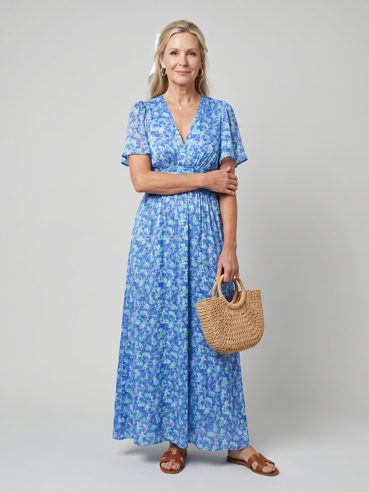 Cecily | Short Sleeve Ditsy Floral Midi Dress with Gathered Waist