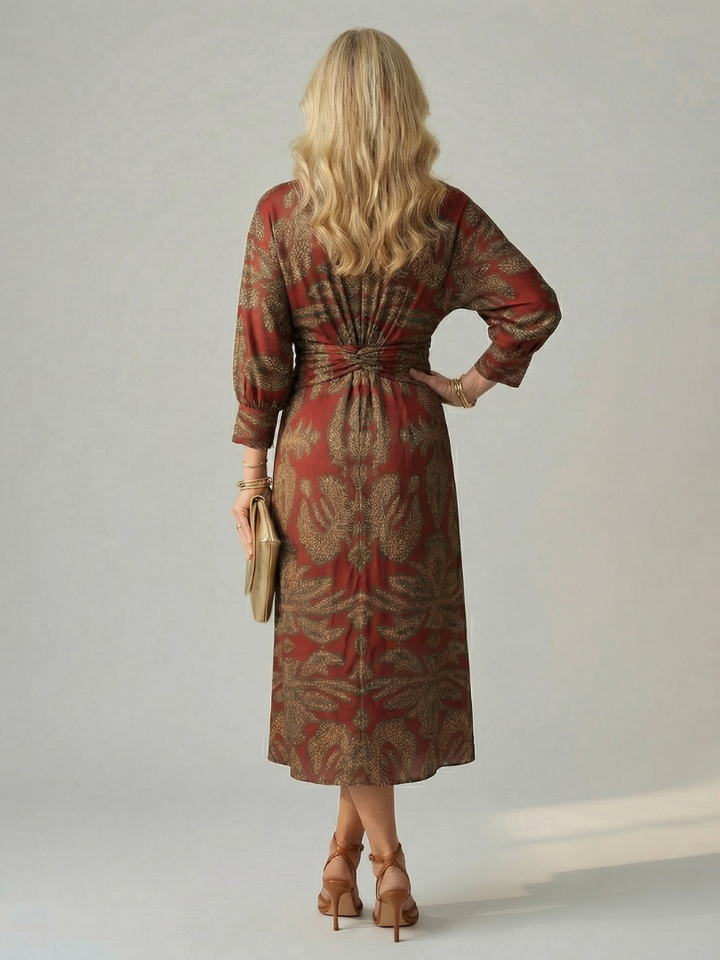 Romilly | Long Sleeve Wrap Midi Dress in Dark Green, Blue, Brown and Red