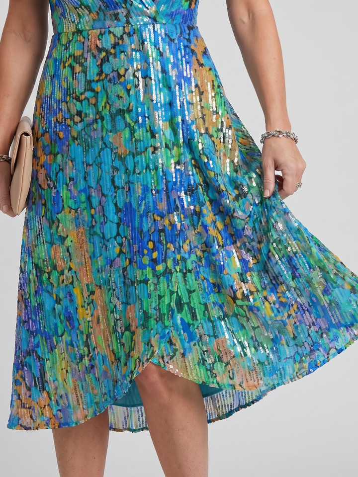 Mirabel | Flutter Sleeve Gathered Waist Floral Print Midi Dress in Dark Green