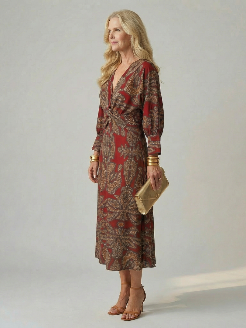 Romilly | Long Sleeve Wrap Midi Dress in Dark Green, Blue, Brown and Red