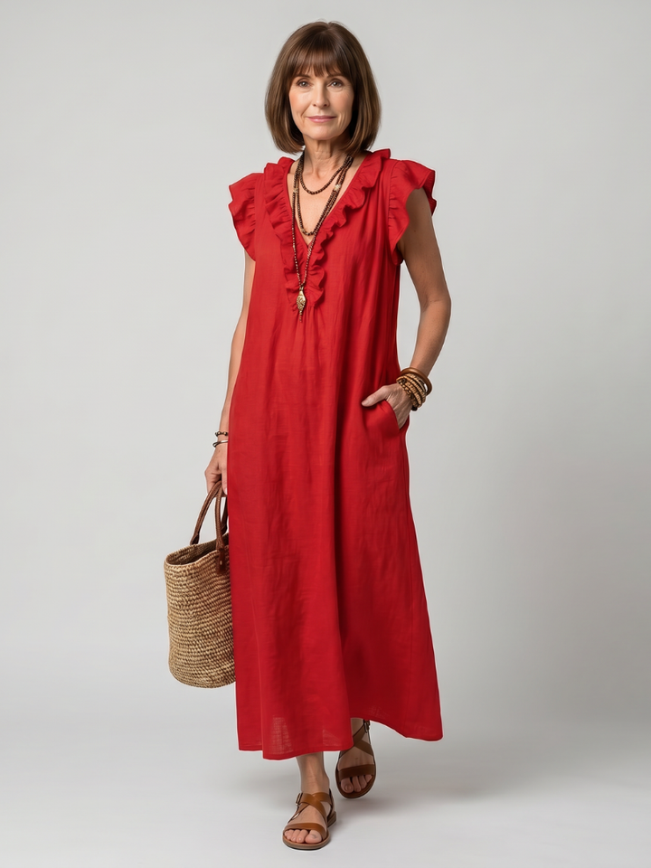 Fern | Sleeveless Ruffle Trim Relaxed Midi Dress