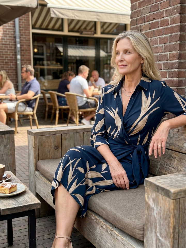 Imogen | Long Sleeve Collared Wrap Midi Dress in Stripe