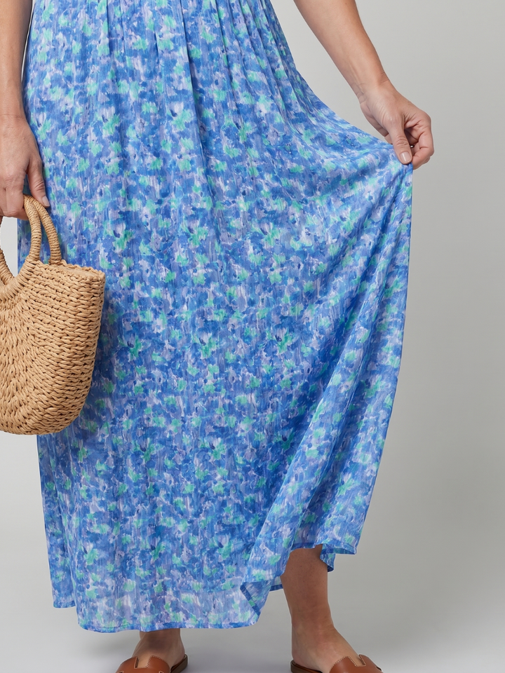 Cecily | Short Sleeve Ditsy Floral Midi Dress with Gathered Waist
