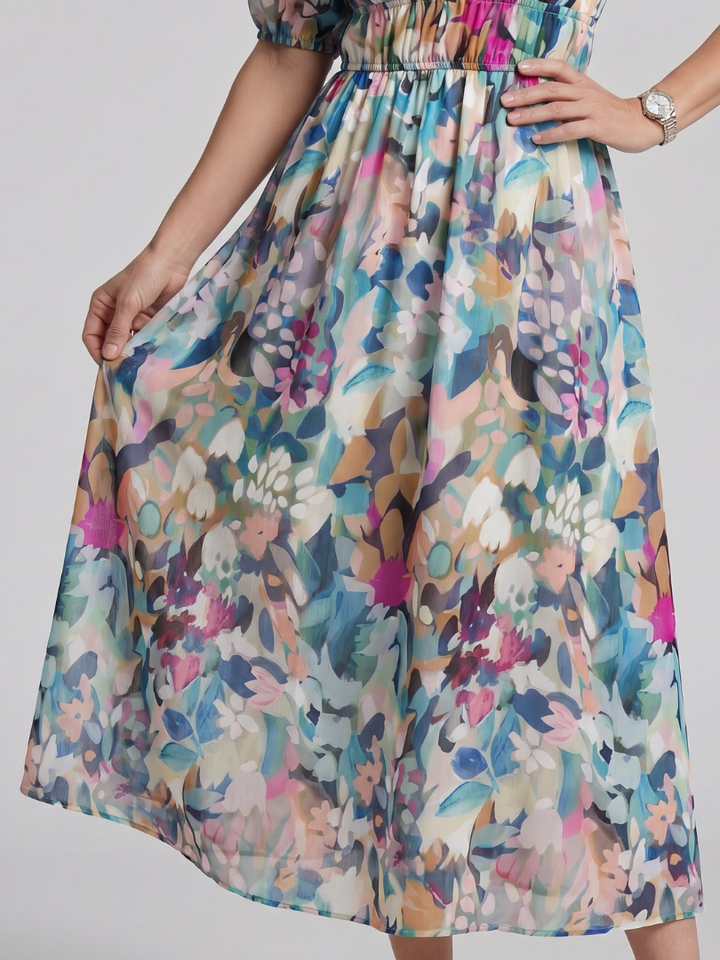 Fenella | Puff Sleeve V-Neck Abstract Print Midi Dress