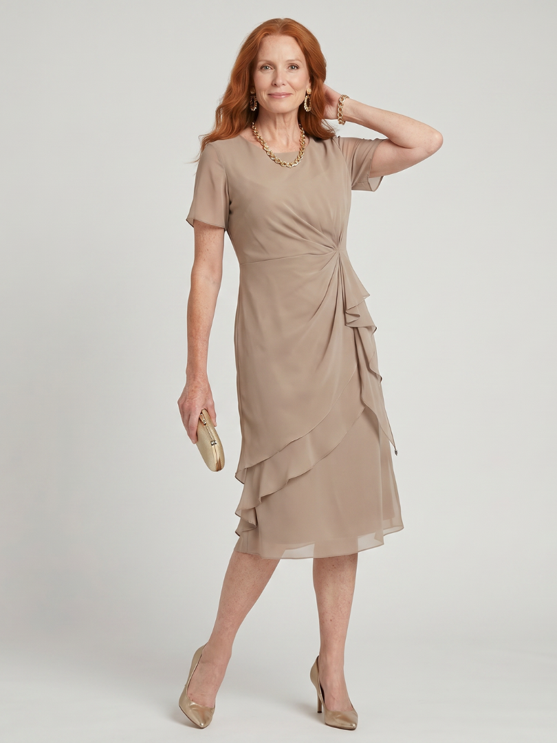Elowen | Short Sleeve Layered Hem Midi Dress with Twist Waist Detail