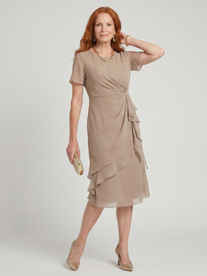Elowen | Short Sleeve Layered Hem Midi Dress with Twist Waist Detail