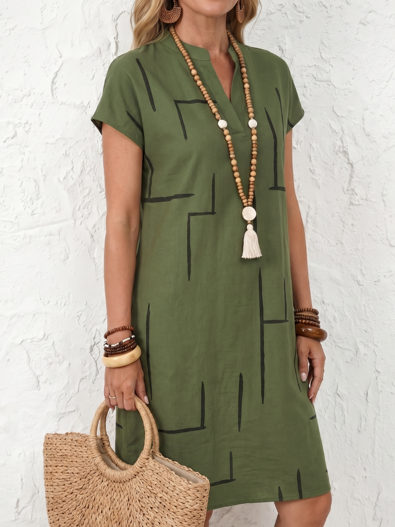 Georgina | Short Sleeve Abstract Print Relaxed Knee Length Dress in Beige
