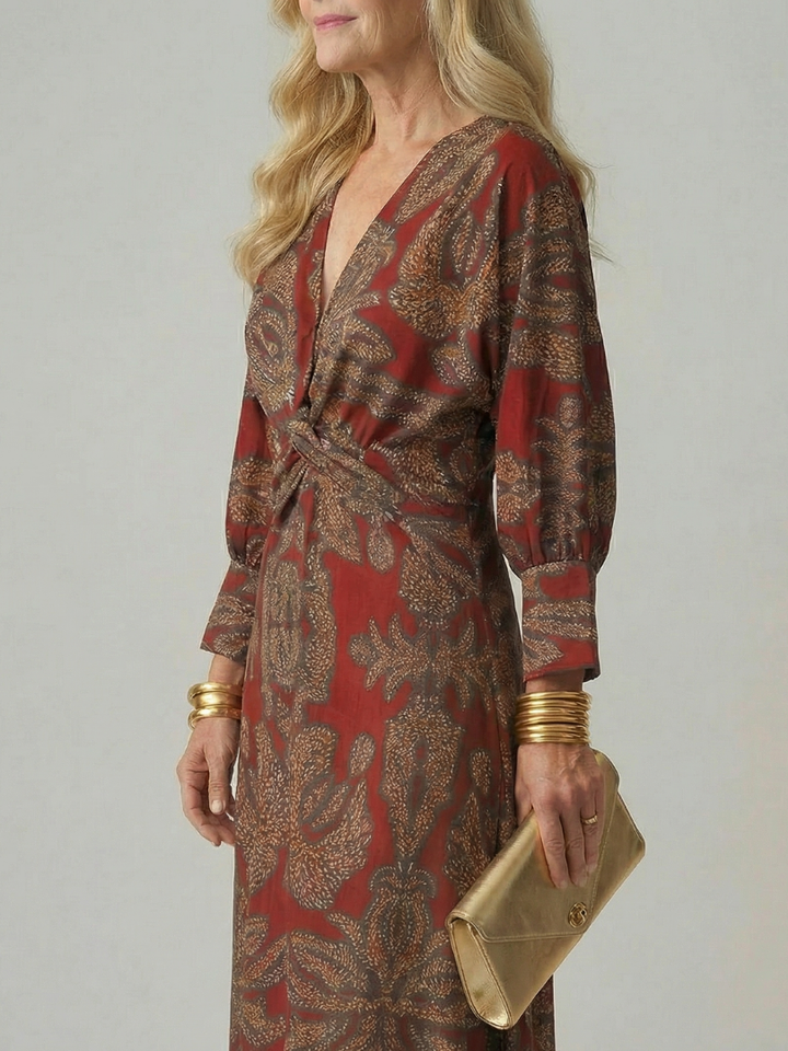 Romilly | Long Sleeve Wrap Midi Dress in Dark Green, Blue, Brown and Red