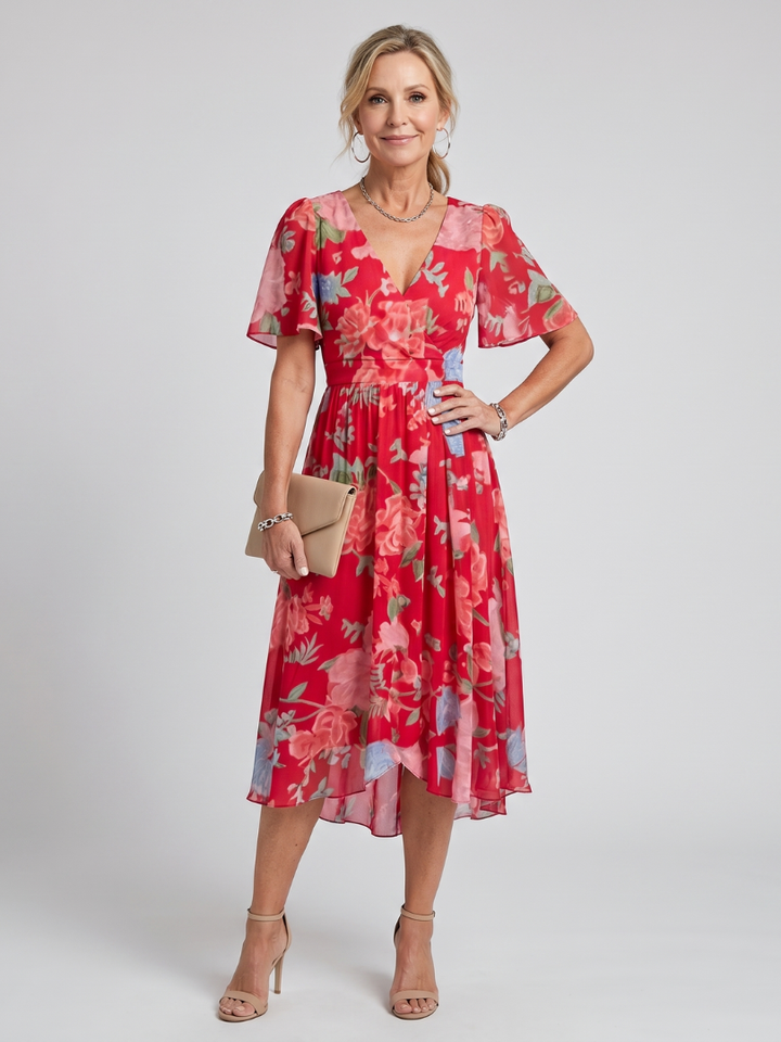 Mirabel | Flutter Sleeve Gathered Waist Floral Print Midi Dress in Dark Green