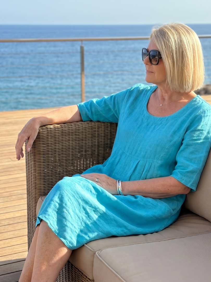 Elodie | Gathered Front Half Sleeve Knee Length Dress in Pink, Blue, Green & Sky Blue