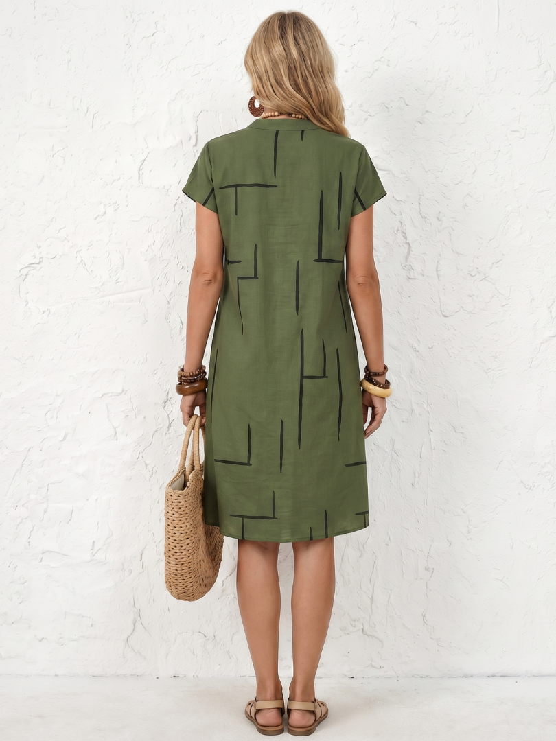 Georgina | Short Sleeve Abstract Print Relaxed Knee Length Dress in Beige