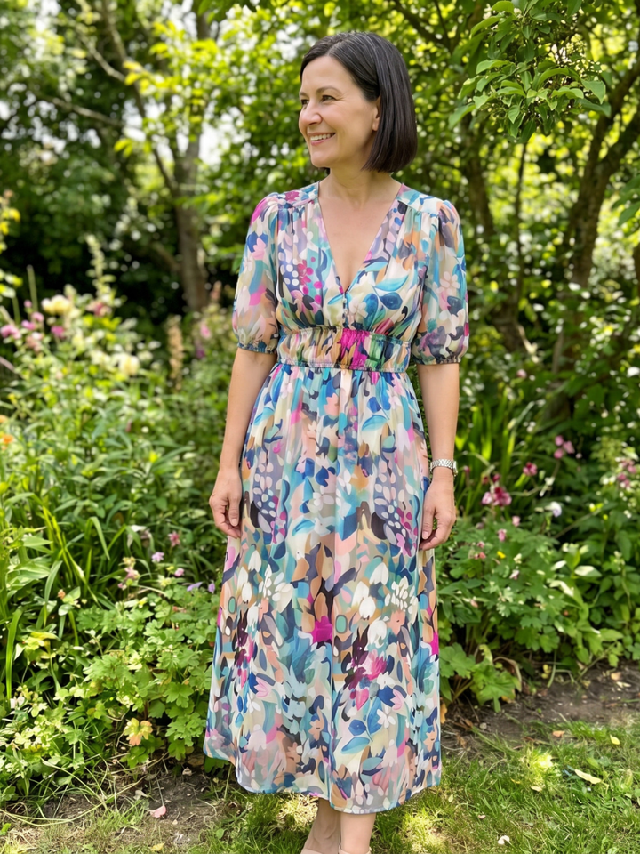 Fenella | Puff Sleeve V-Neck Abstract Print Midi Dress