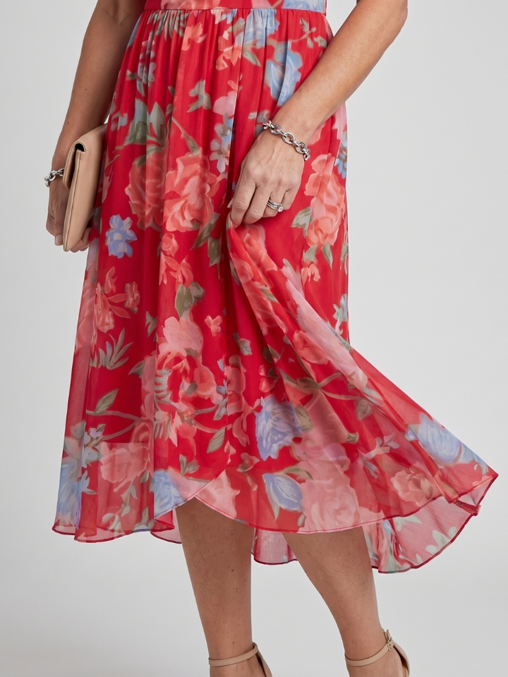 Mirabel | Flutter Sleeve Gathered Waist Floral Print Midi Dress in Dark Green