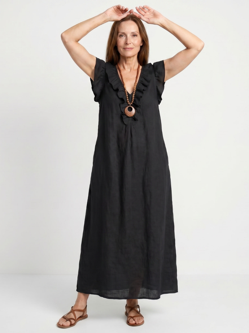 Anneliese | Ruffle Trim V-Neck Sleeveless Relaxed Midi Dress