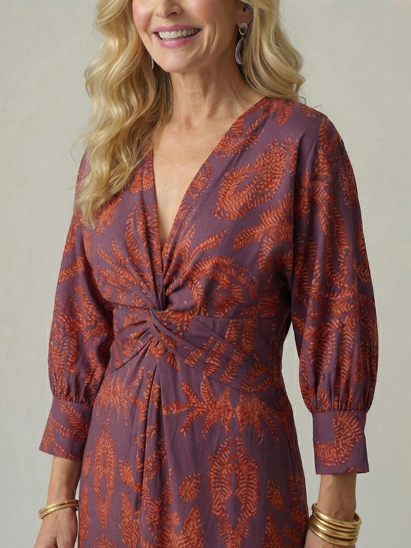 Romilly | Long Sleeve Wrap Midi Dress in Dark Green, Blue, Brown and Red