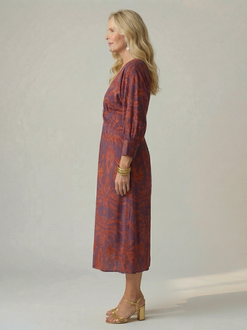 Romilly | Long Sleeve Wrap Midi Dress in Dark Green, Blue, Brown and Red