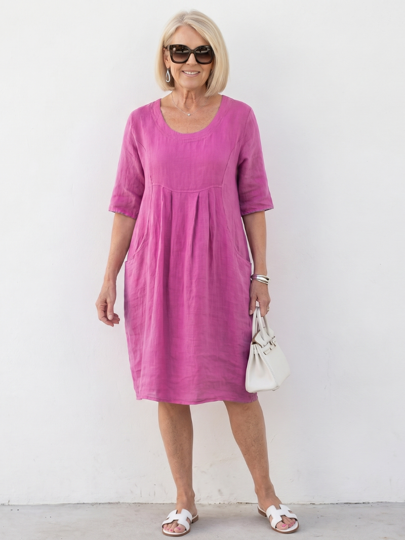 Elodie | Gathered Front Half Sleeve Knee Length Dress in Pink, Blue, Green & Sky Blue