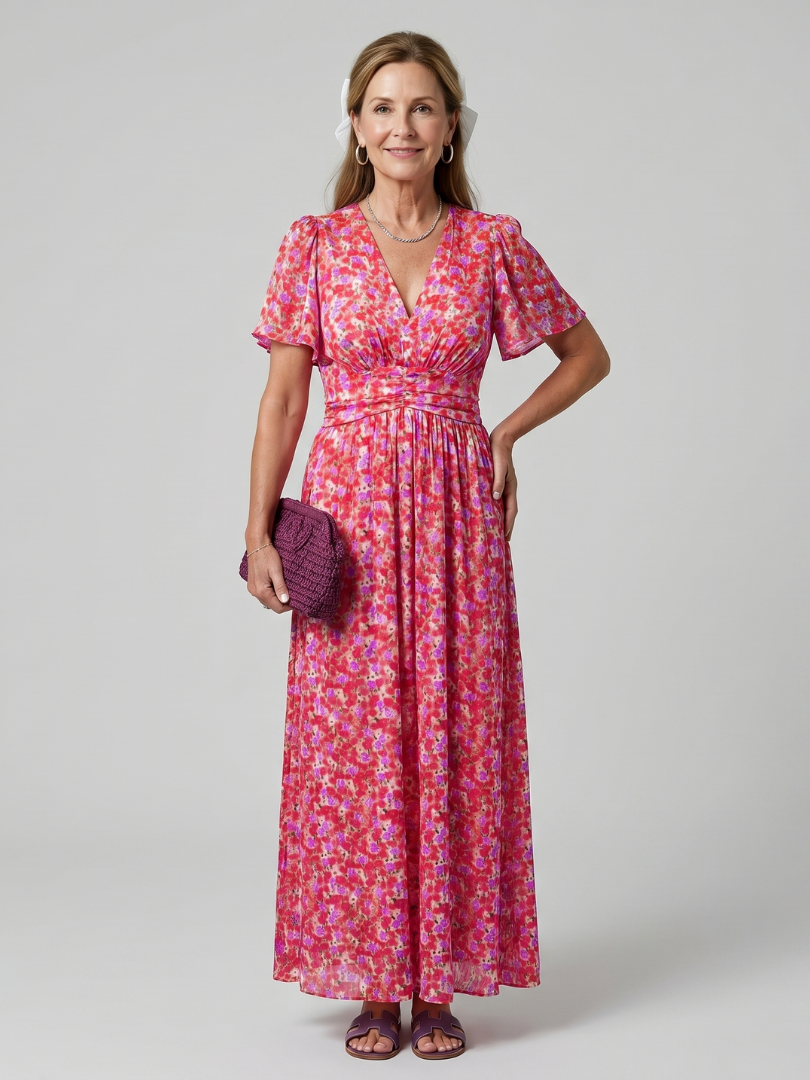 Cecily | Short Sleeve Ditsy Floral Midi Dress with Gathered Waist