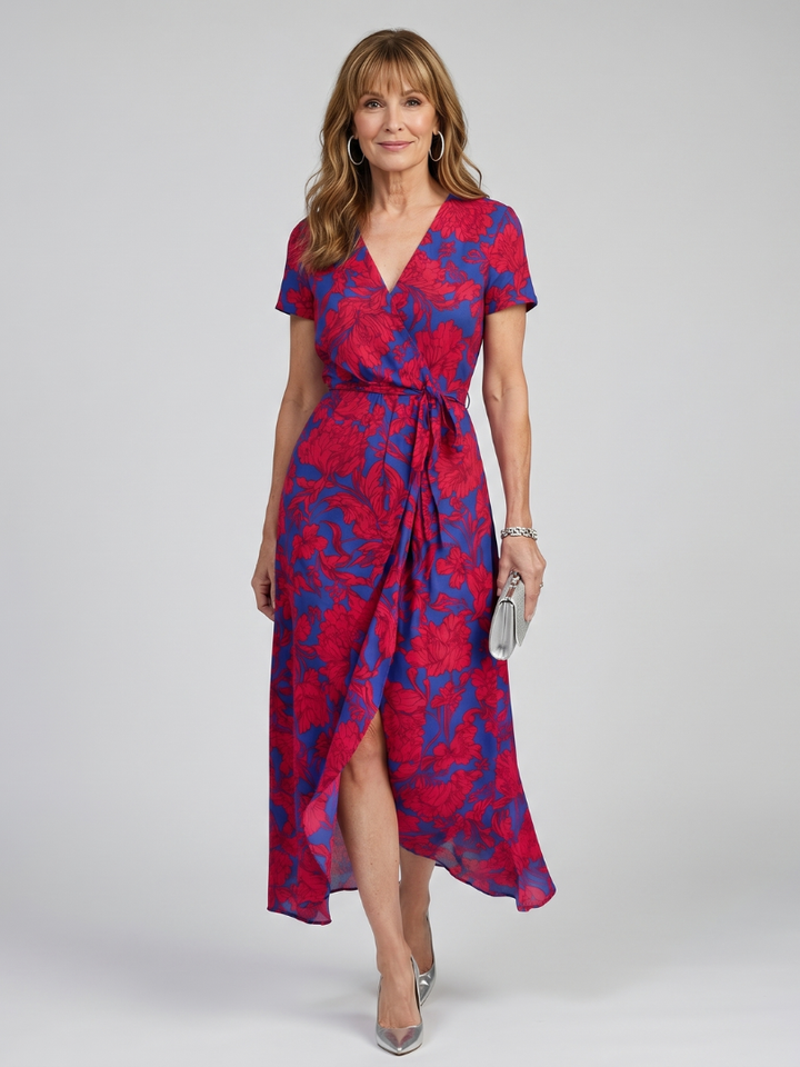Phoebe | Short Sleeve Floral Wrap Midi Dress in Red, Pink & Floral