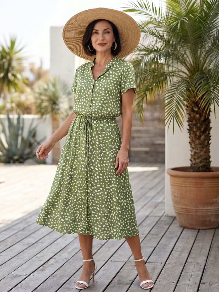 Blythe | Printed Button-Front Belted Midi Dress in Green, Red & White