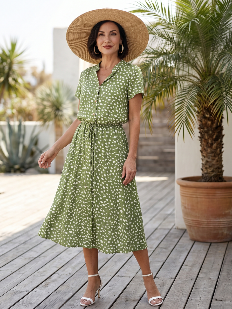 Blythe | Printed Button-Front Belted Midi Dress in Green, Red & White