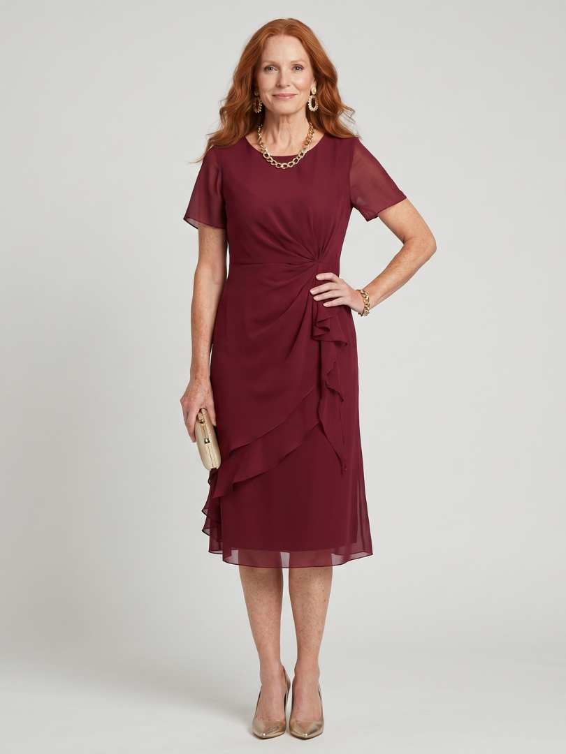 Elowen | Short Sleeve Layered Hem Midi Dress with Twist Waist Detail