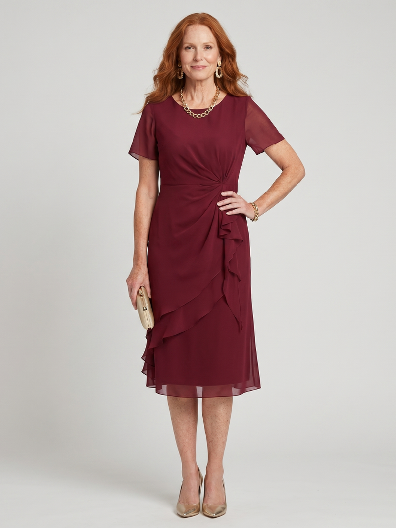 Elowen | Short Sleeve Layered Hem Midi Dress with Twist Waist Detail