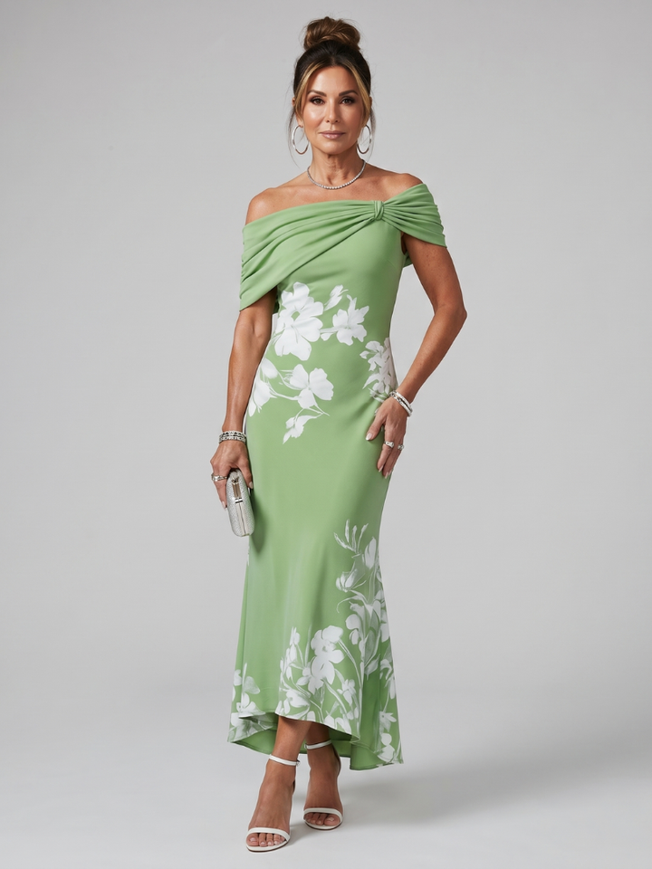 Cosima | Off-Shoulder Draped Neckline Midi Dress in Green, Black & Sky Blue