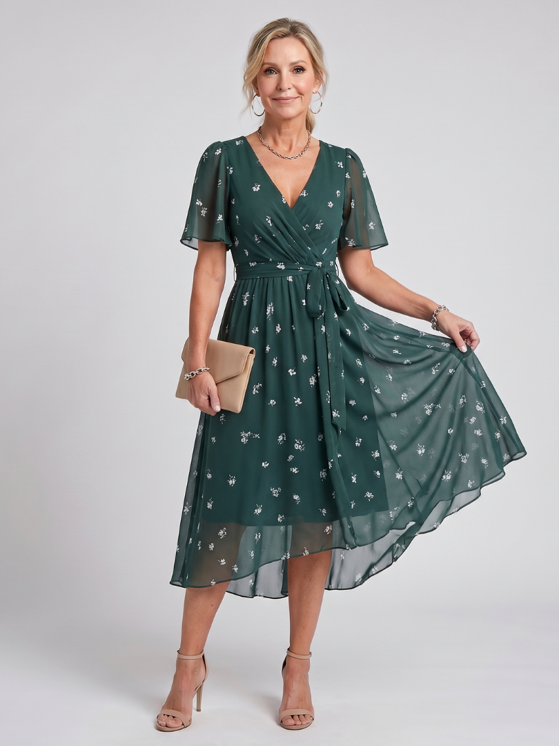 Mirabel | Flutter Sleeve Gathered Waist Floral Print Midi Dress in Dark Green
