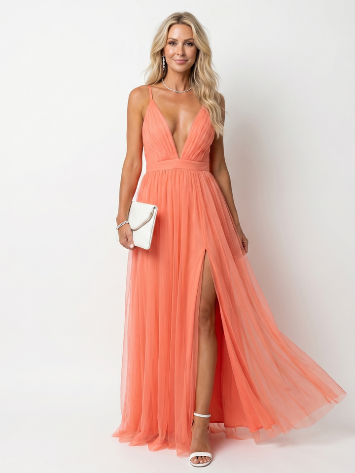 Isolde | Deep V-Neck Pleated Maxi Dress in Orange